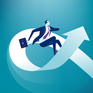 Ride Up. Businessman surfing the rising arrow. Business concept vector illustration.