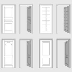 Set of open and closed  white Doors. Vector illustration.