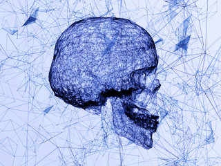 The cyber-skull. Triangulation of the technology of the skull. Render illustration of x-ray of a human skull