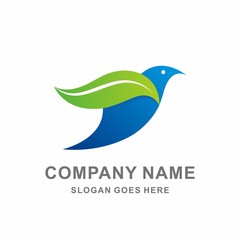 Bird Flying Natural Green Leaf Wings Vector Logo Design Template