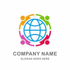 Colorful Team Group People Holding Hands Global World Vector Logo Design Template