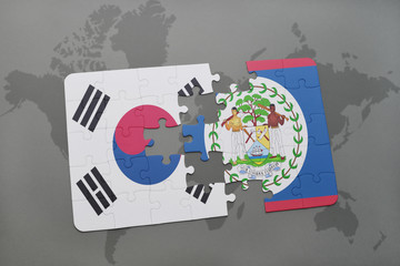 puzzle with the national flag of south korea and belize on a world map background.