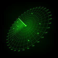 Vector illustration. Green radar screen with aims and 3d perspective. Designed for your project.