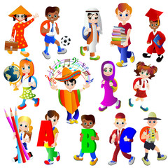 Obraz na płótnie Canvas Pupils and students in school uniform set. Vector