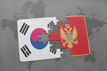 puzzle with the national flag of south korea and montenegro on a world map background.