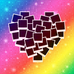 Heart concept made with empty photos on shining rainbow background. Memories, card, love template design. Vector illustration