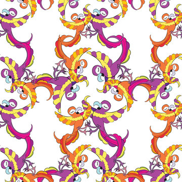 seamless pattern grid with Caribbean fun dancing parrot. 