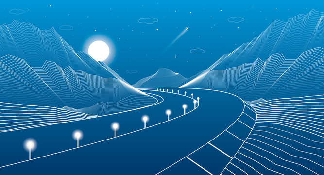Road in the mountains, highway, white lines landscape, vector design art