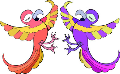 set with Caribbean happy dancing couple of parrots. 