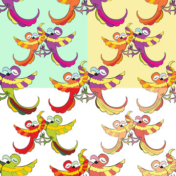 set seamless pattern with funny dances Caribbean couple of parro