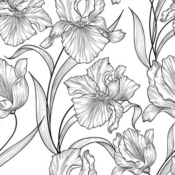 Flower bouquet pattern. Flourish etching pattern. Abstract floral seamless background