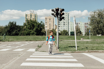 Schoolboy walking across a street on his morning way to school © Newman Studio