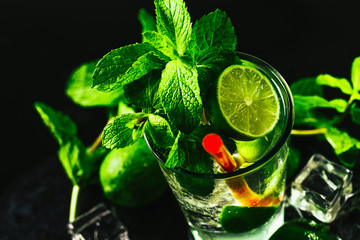 glass of mojito with lime and mint ice cube close-up red straw