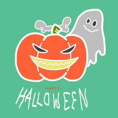 Happy Halloween pumpkins and ghost on green background