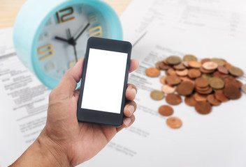 Man hands using smart phone white screen