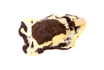 chocolate outer ice cream melting almost completely on a white background