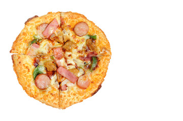 Barbecue pizza divided into four parts on white background