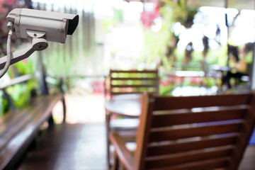 CCTV Camera with abstract blur coffee shop for background .