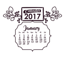 2017 year january ornament frame calendar planner month day icon. Colorful and Flat design. Vector illustration