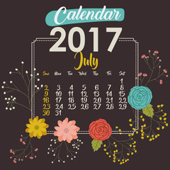 Fototapeta premium 2017 july year calendar flowers floral garden planner month day icon. Colorful and Flat design. Vector illustration