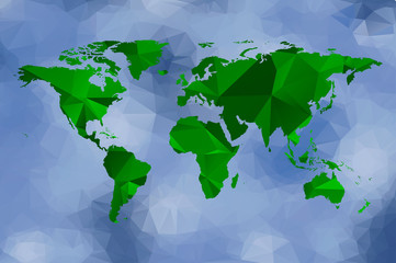 low poly green world map and blue