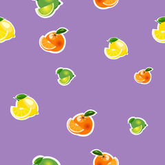 Seamless pattern with small lemon, orange, lime with slices. Fruit isolated on a purple background