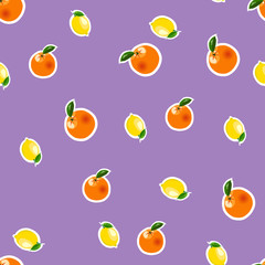Seamless pattern with small lemon, orange stickers. Fruit isolated on a purple background