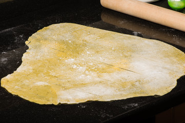 Homemade dough being formed into pasta