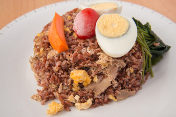 Fried brown rice with tuna  boiled egg healthy clean food
