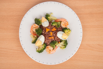Shrimp with broccoli fried no oli with brown rice and boiled egg healthy clean food