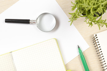 Office desk table with supplies. Top view. Copy space for text