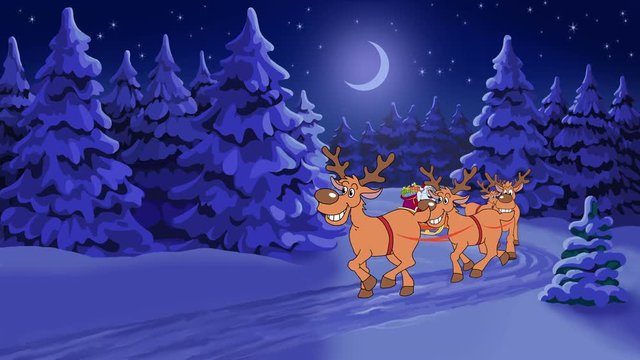 Santa Claus rides Christmas sleigh