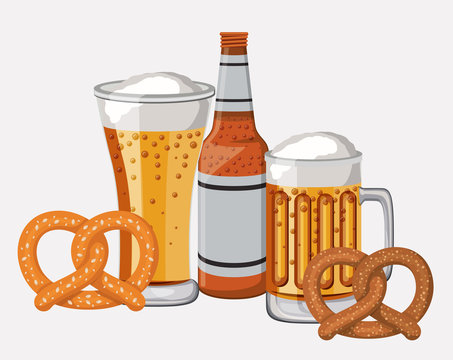 bottle glass beer pretzel traditional icon. Colorful and Flat design. Vector illustration