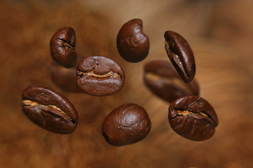 Coffee beans on brown background.