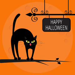 Cat arch back on tree branch. Happy Halloween greeting card. Wrought iron sign board. Yellow eyes, fangs, curl moustaches whisker. Funny cartoon character. Big moon. Orange background. Flat design.