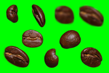 Coffee beans, Isolated on green screen.