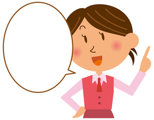 指差しするオフィスレディーのイメージイラスト（上半身）（吹き出しあり）