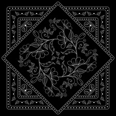 Black and white  bandana print with floral pattern. Square pattern design for pillow, carpet, rug. Design for silk neck scarf, kerchief, hanky
