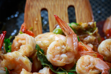 close up prawns spicy with hot basin