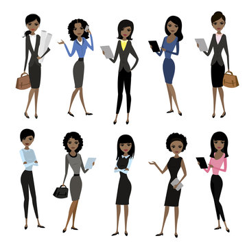 Set african american  Women in office clothes. Beautiful woman in business clothes. Vector illustration