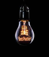 Hanging lightbulb with glowing Best Practice concept. - obrazy, fototapety, plakaty