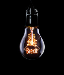 Hanging lightbulb with glowing Brexit concept.