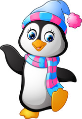 Fototapeta premium Penguin use a shawl and hat cap