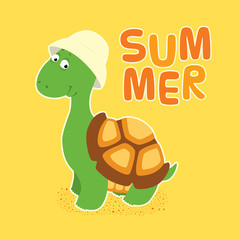 Vector colorful illustration in childish style. Cute little turtle in a creamy bucket hat standing, looking friendly, smiling. White outline. Square format, sand yellow background with word 