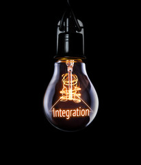 Hanging lightbulb with glowing Integration concept.