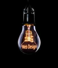 Hanging lightbulb with glowing Web Design concept.
