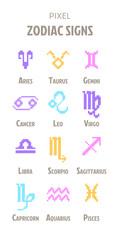 Set of 12 pixel art astrological sign icons isolated on white background. Aquarius, gemini, libra, aries, pisces, virgo, sagittarius, taurus, capricorn, cancer, scorpio, leo zodiac horoscope symbols.