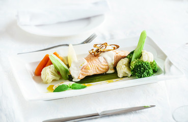 salmon steak with vegetables