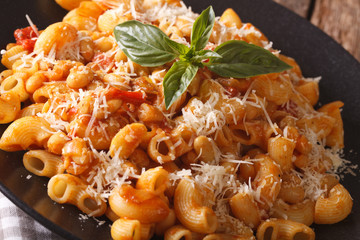 pasta gomiti with beans and parmesan cheese macro. horizontal
