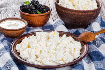 cottage cheese on clay plate, sour cream and dewberry in bowls
